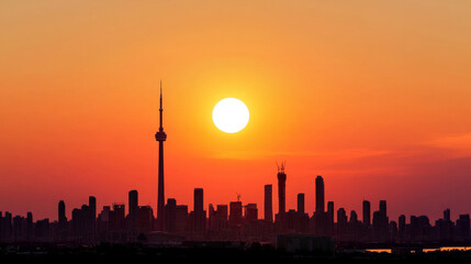 Obraz premium stunning sunset over city skyline, featuring tall buildings silhouetted against vibrant orange and yellow sky. scene captures beauty of urban life at dusk