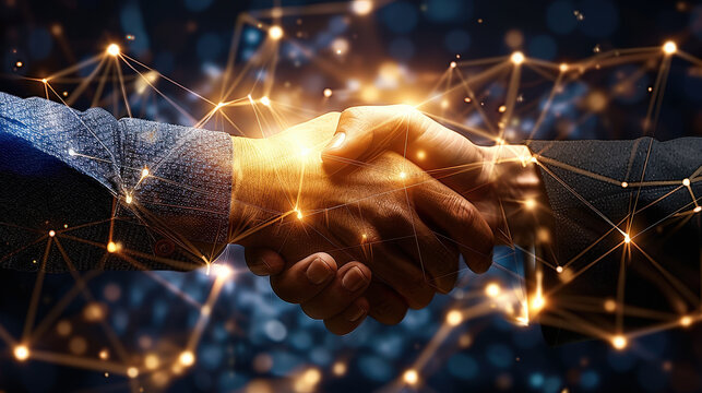 formal handshake between two individuals symbolizes partnership and collaboration in digital age, showcasing unity and trust