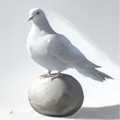Obraz premium A white pigeon perched on a smooth stone sphere, showcasing simplicity and elegance.