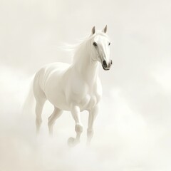 Obraz premium A majestic white horse gallops through a soft, ethereal cloud backdrop.