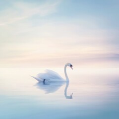 Obraz premium A serene swan glides gracefully across a calm, reflective water surface at dawn.