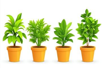 Fototapeta premium Collection of potted indoor plants in orange terracotta pots arranged in a neat row showcasing a variety of houseplants perfect for home decor and indoor gardening