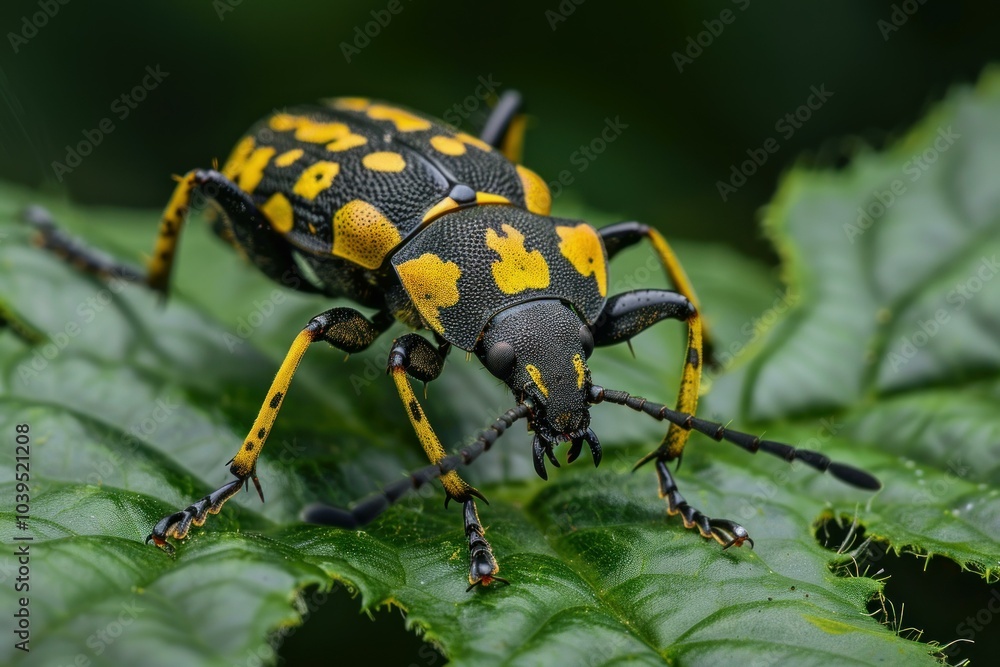 Poster macro photo of a yellow and black bug standing on a green leaf, showcasing its intricate patterns an