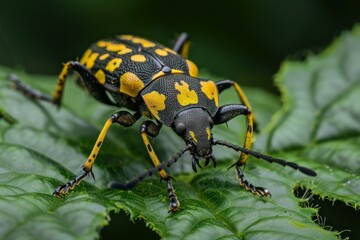Naklejka premium Macro photo of a yellow and black bug standing on a green leaf, showcasing its intricate patterns and delicate features