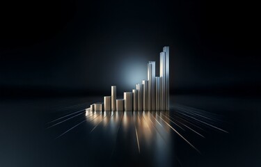 A silver bar chart rises against a dark background, illuminated by a soft light. The bars create a sense of growth and success.