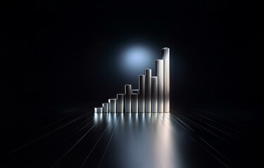 A metallic bar graph ascends diagonally against a dark background. The bar graph is illuminated by a spotlight.
