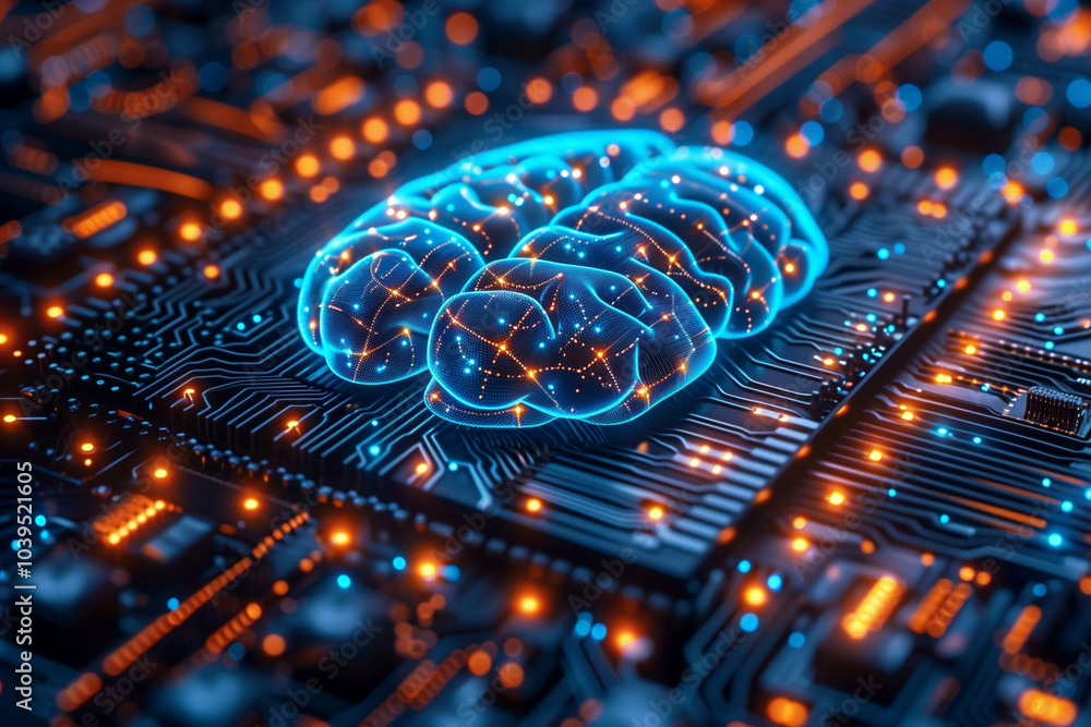 Poster highly detailed illustration of a digital brain on a circuit board, representing advanced technology