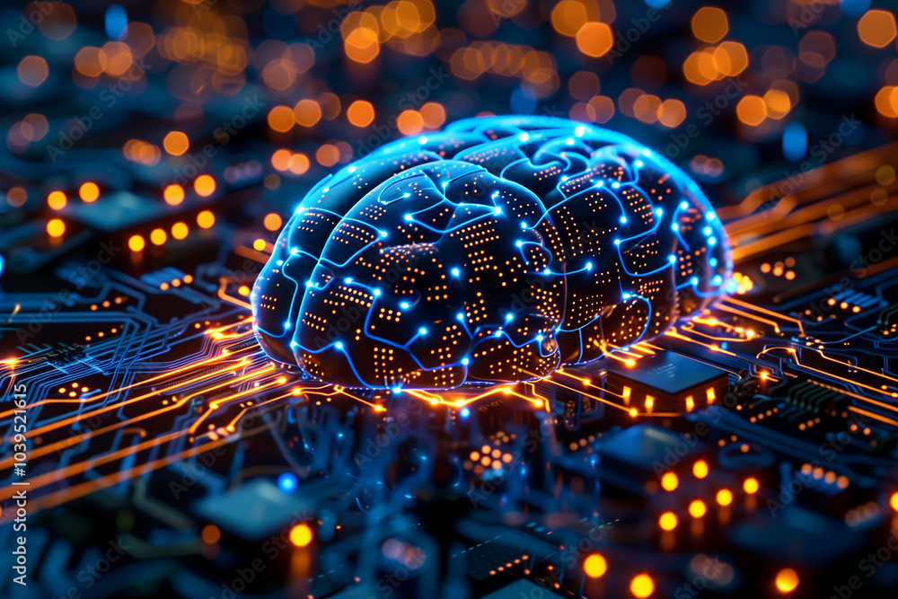 Poster digital brain concept on electronic circuit board, representing artificial intelligence with glowing