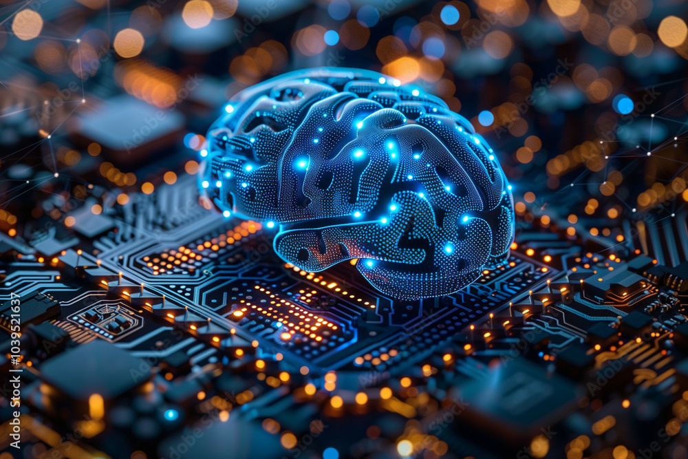 Poster digital brain concept illustrating advanced technology and neurological research on a circuit board