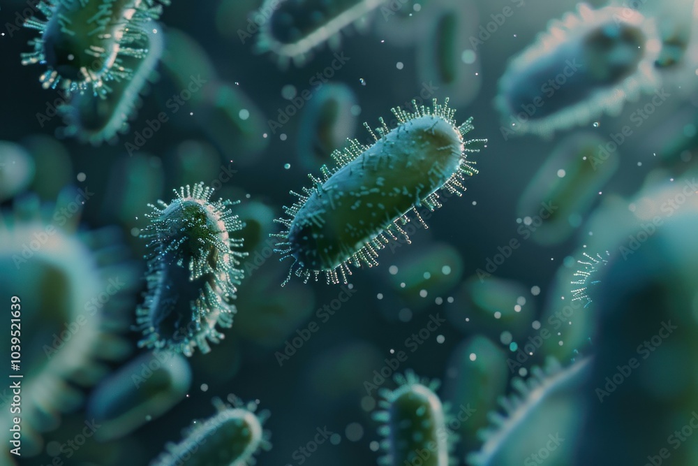 Poster 3d rendering of bacteria with flagella, floating through a medium
