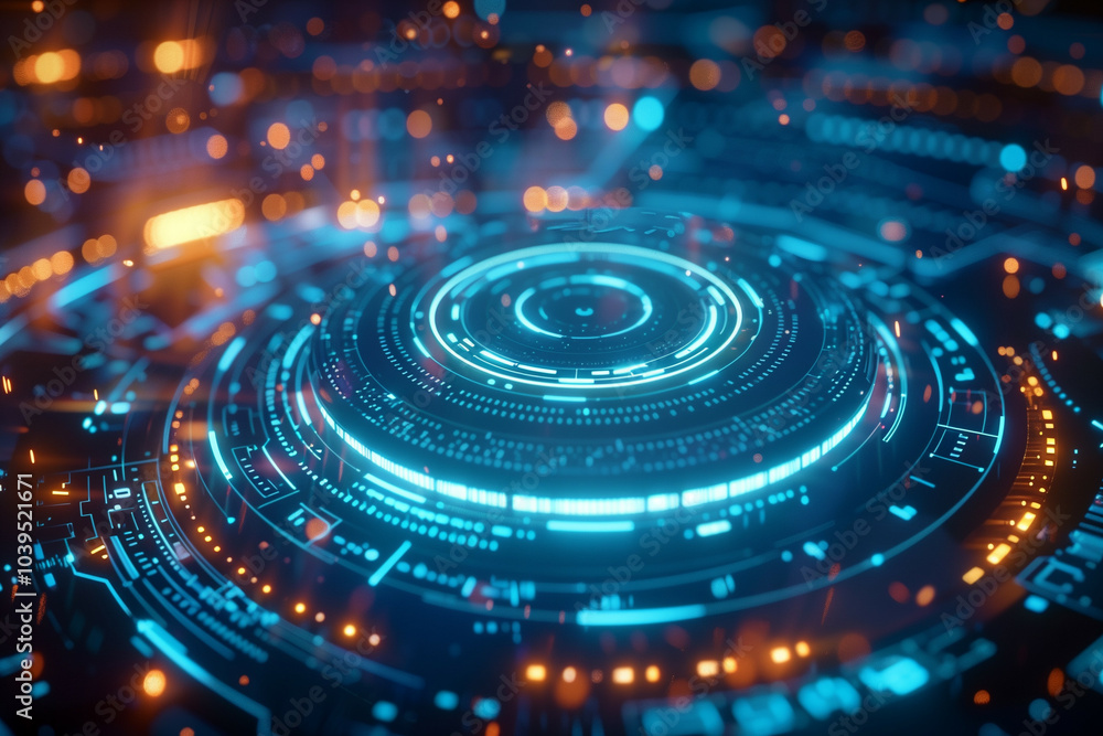 Poster complex futuristic technology interface with glowing blue neon lights on circular elements, depictin