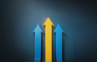 Three arrows pointing upwards, one yellow and two blue, against a dark blue background.