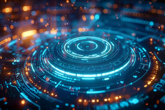 Complex futuristic technology interface with glowing blue neon lights on circular elements, depicting advanced digital data visualization in a high-tech environment