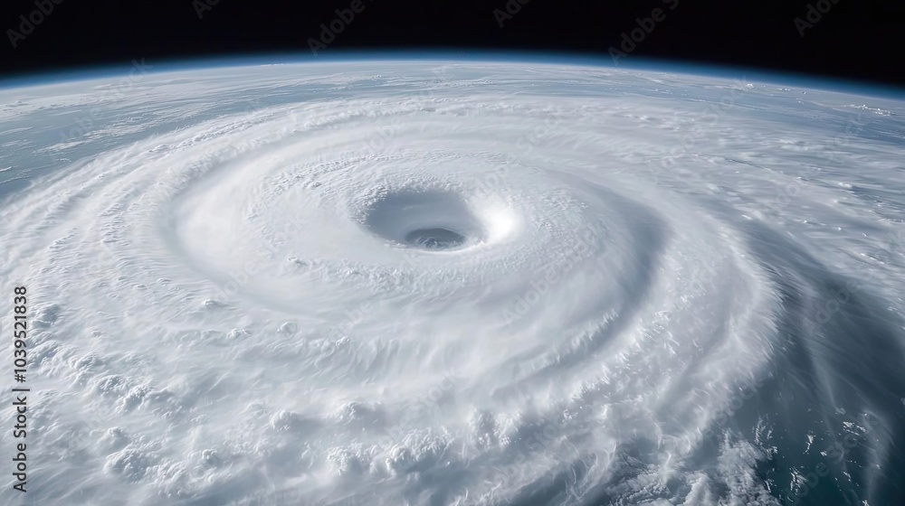 Poster aerial view of a powerful hurricane swirling over the ocean, white isolate background.