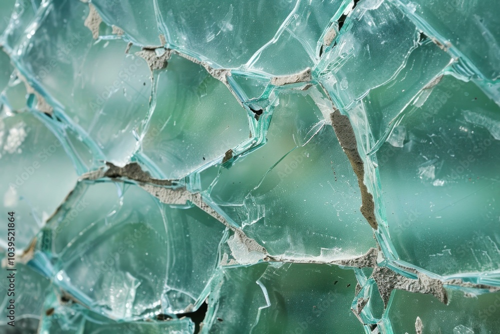 Poster broken safety glass is held together by its internal layer, creating an abstract pattern of cracks