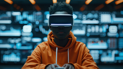 Immersed in virtual world, young African woman wears VR headset, navigating through digital landscapes. vibrant environment showcases advanced technology and data visualization