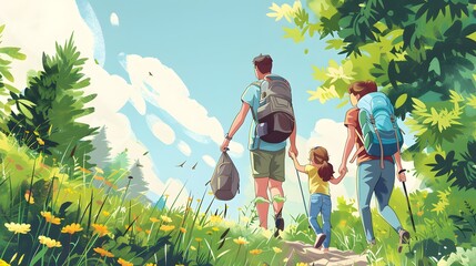 A family hiking together in nature, promoting outdoor activities as a means of exercise and bonding for overall health