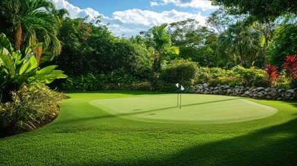 Obraz premium A serene golf putting green in a historic botanical garden, Golf clubs amidst exotic flora, Botanical elegance style