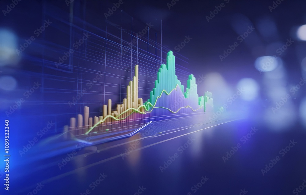Poster a blue background with a grid and a 3d bar graph, with lines tracing growth.