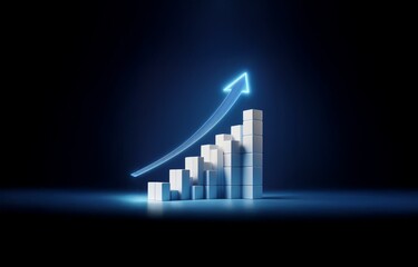 A blue glowing arrow pointing upwards, rising above a white block bar chart.