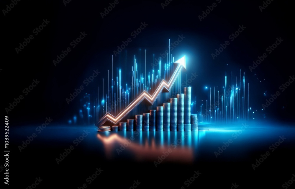 Poster a glowing arrow points upwards as a bar graph of stacked coins rises, surrounded by lines of light a