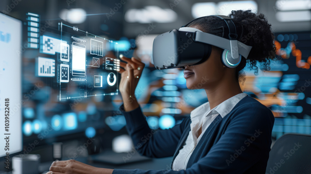 Poster innovative african woman using virtual reality technology to analyze data and interact with digital 