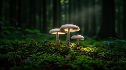 Fototapeta premium Mushroom family thriving in a dark forest, softly illuminated by gentle rays of light.
