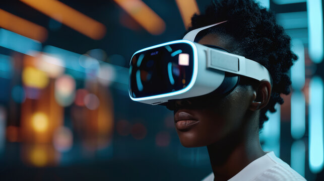 Immersed in virtual world, woman experiences cutting edge technology through VR headset, showcasing future of digital interaction and innovation