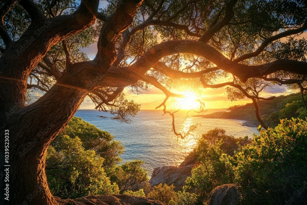 Poster a splendid sunset captured through the intricate branches of a tree, casting warm hues over a serene