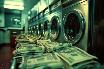 Us dollar bills spilling out of washing machines in laundromat with green tint suggesting money laundering concept
