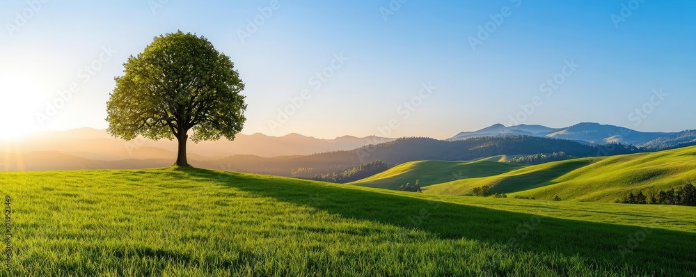 Poster lone tree on a verdant hill with mountains in the background under a clear blue sky.