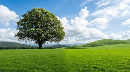 Lone tree in lush green field against a bright blue sky with fluffy clouds.