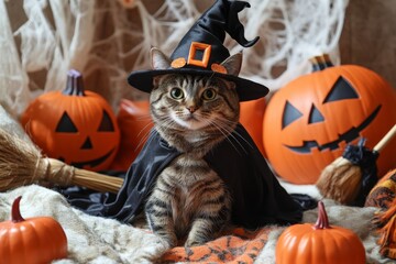 A delightful tabby cat dressed as a witch, nestled among pumpkins and classic Halloween decorations, creating a playful and spooky festive mood.