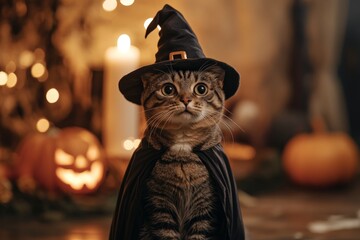 A cute tabby cat wearing a witch's hat, surrounded by pumpkins and candlelight, creating a whimsical and cozy Halloween atmosphere full of magic.