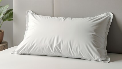 Mockup of pillow with pillowcase on bed with soft background and copy space