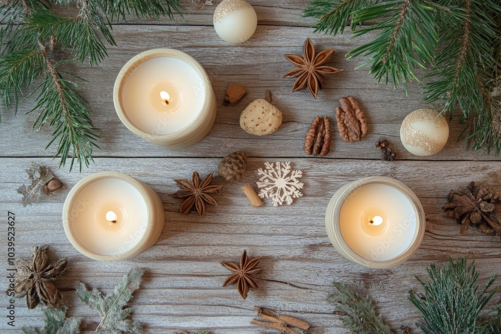 Poster this image features warmly lit candles surrounded by pine branches and spices on a rustic wooden sur