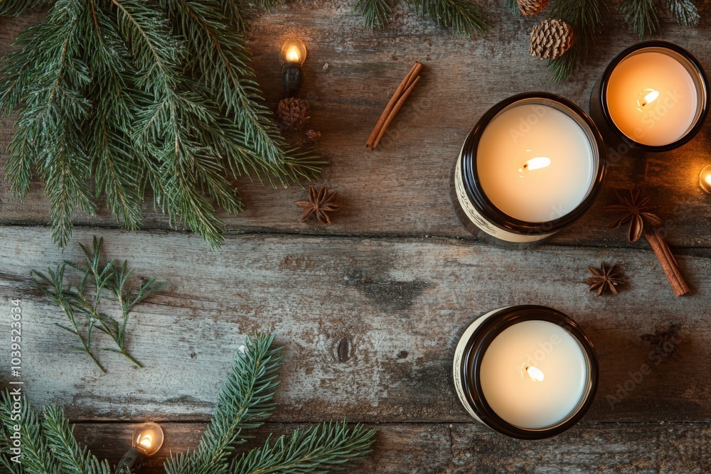 Poster a visually pleasing display of candles and seasonal elements, including evergreen branches on a rust
