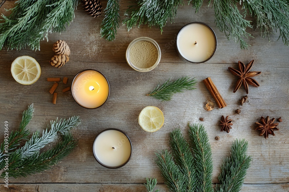 Poster a soothing arrangement of glowing candles with cedar branches and spices on a wooden surface, creati