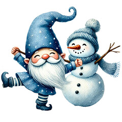 Cheerful gnome and snowman celebrating winter in a joyful scene.