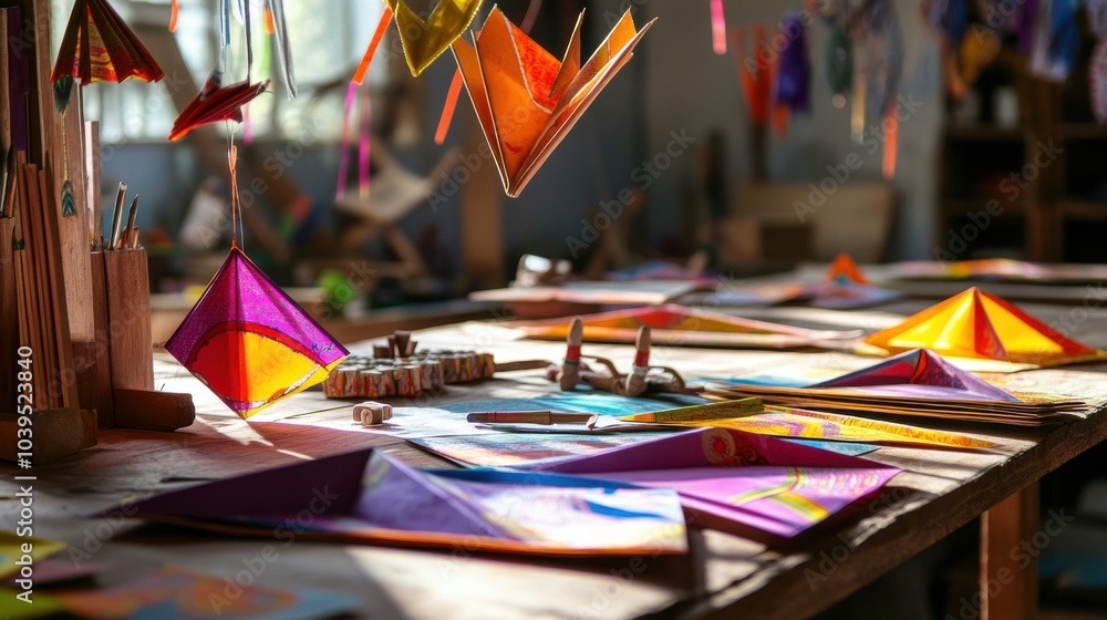 Poster a serene kite-making workshop with colorful paper and kite-making tools, kite-making tools arranged 