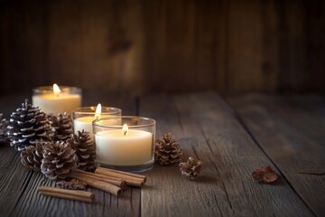 Three jar candles emit a cozy glow, surrounded by pinecones and cinnamon sticks on a rustic wooden table, creating an inviting and warm setting for winter.
