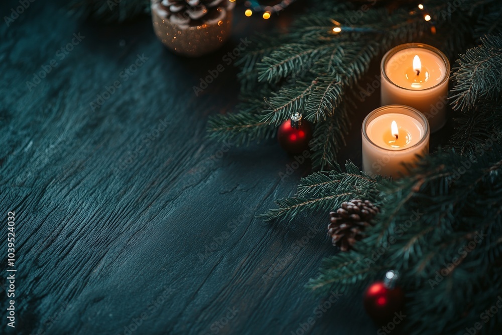 Poster glowing candles nestled in pine branches with red ornaments and pinecones on a dark wooden surface e