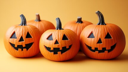 Four carved pumpkins with black eyes, noses, and mouths sit on a yellow background.