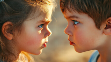 Two kids playing a staring game close-up view