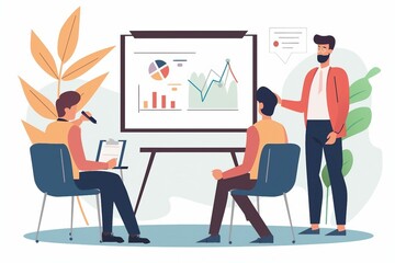 Illustration of group of people sitting at a table in front of a whiteboard