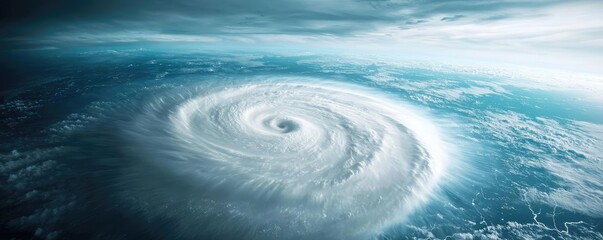 Aerial view of a powerful cyclone swirling in the ocean, dramatic cloud patterns.