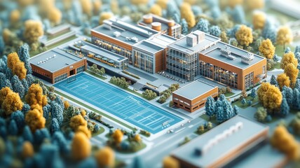 Obraz premium Aerial view of a modern educational facility with sports amenities.