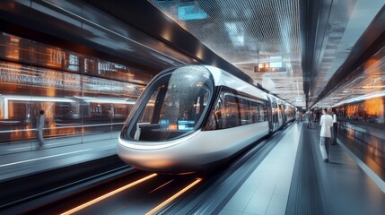 Futuristic public transportation hub with automated ticketing, biometric security, and AI-driven traffic management, set in a sleek, modern urban environment
