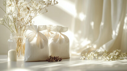 Obraz premium Torebki wypełnione ziołami. co pozwala skupić się na naturalnych produktach. Każdy element sugeruje holistyczne podejście do pielęgnacji, łącząc nowoczesność z naturą.