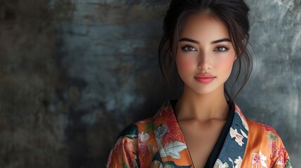 Fototapeta premium A woman in a floral print kimono stands in front of a wall. She has a bright smile and is wearing red lipstick